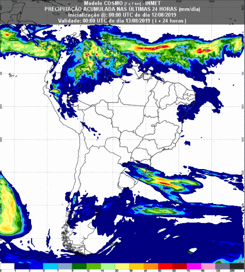 Mapa com a previsão de precipitação acumulada para até 93 horas (13/08 a 15/08) em todo o Brasil - Fonte: Inmet