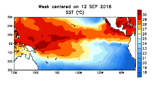Anomalias médias da temperatura da superfície do mar (TSM) (°C) nas últimas semanas - Fonte: The Climate Prediction Center/NOAA