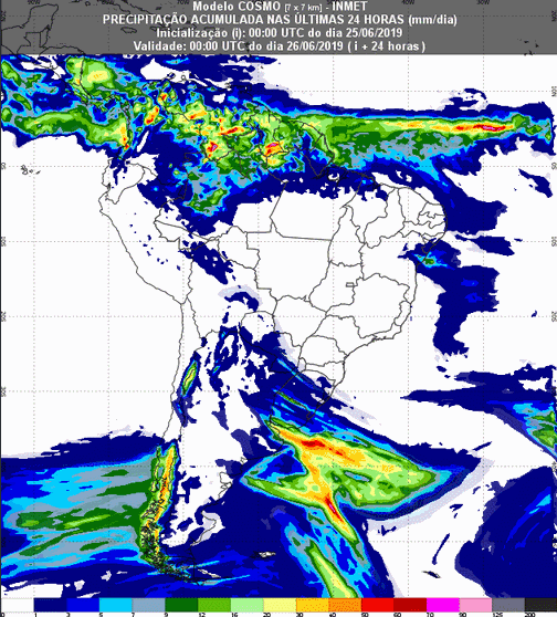 Mapa com a previsão de precipitação para até 93 horas (26/06 a 28/06) em todo o Brasil - Fonte: Inmet