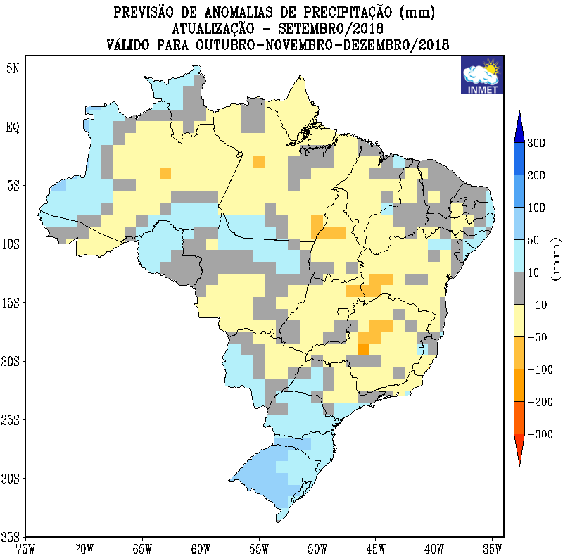 Mapa com a previsão de anomalias de precipitação em todo o Brasil para outubro, novembro e dezembro - Fonte: Inmet