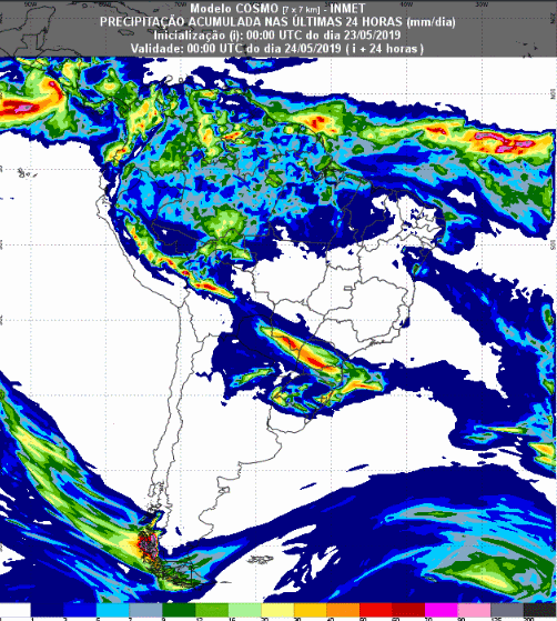 Mapa com a previsão de precipitação para até 93 horas (24/05 a 26/05) em todo o Brasil - Fonte: Inmet