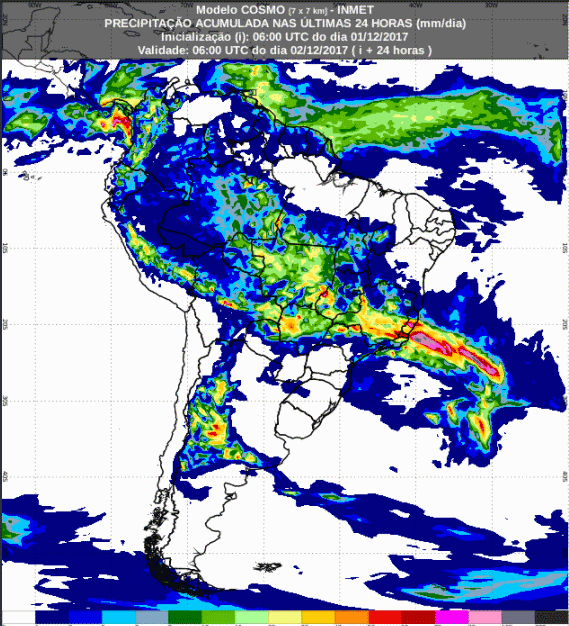 Mapa com a previsão de precipitação acumulada para até 72 horas (02/12 a 04/12) para todo o Brasil  - Fonte: Inmet