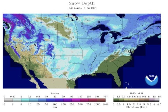 Acúmulo de neve nos EUA em 16 de fevereiro - Fonte: NOAA