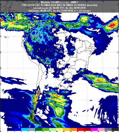 Mapa com a previsão de precipitação acumulada para até 72 horas (29/09 a 01/10) em todo o Brasil - Fonte: Inmet