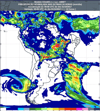 Mapa com a previsão de precipitação acumulada para até 174 horas (31/10 a 07/11) para todo o Brasil - Fonte: Inmet