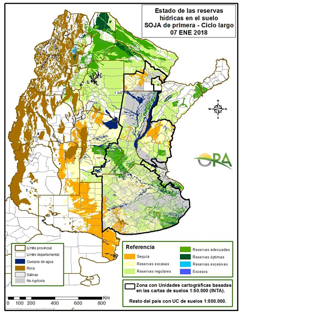 Estado das reservas hídricas no solo - Argentina - 07 de janeiro de 2018