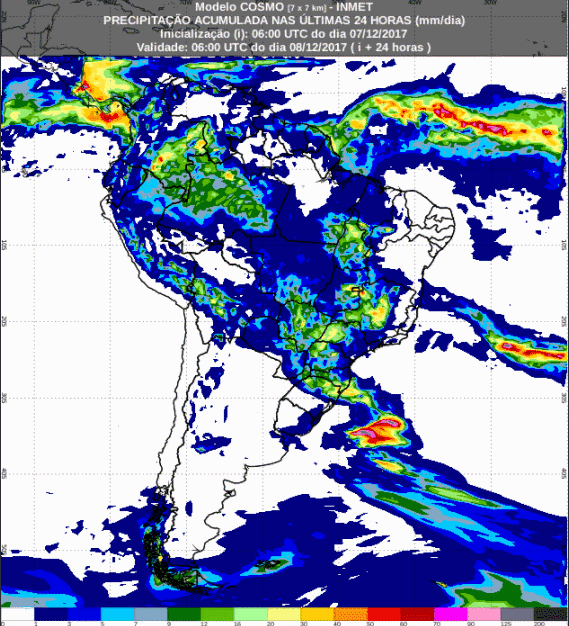 Mapa com a previsão de precipitação acumulada para até 72 horas (08/12 a 10/12) para todo o Brasil - Fonte: Inmet
