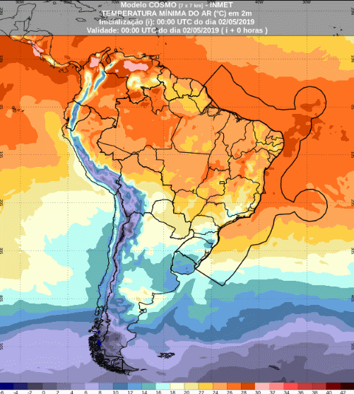 Mapa com a previsão de temperatura mínima para até 93 horas (02/05 a 05/05) em todo o Brasil - Fonte: Inmet