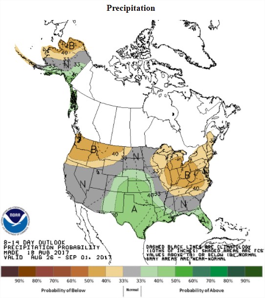 Precipitações previstas nos próximos 8 a 14 dias nos EUA - Fonte: NOAA