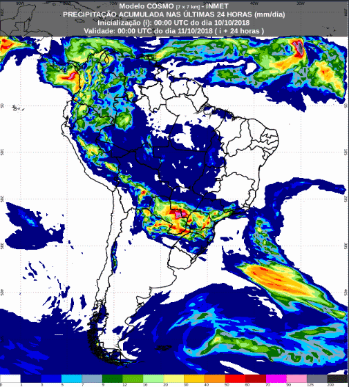 Mapa com a previsão de precipitação acumulada para até 72 horas (11/10 a 13/10) em todo o Brasil - Fonte: Inmet