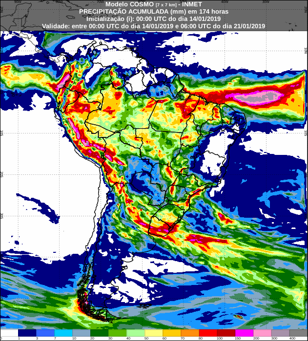 Mapa de precipitação acumulada para todo o Brasil nos próximos 7 dias - Fonte: Inmet