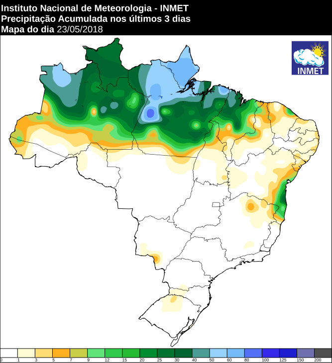 Mapa com a precipitação acumulada em todo o Brasil nos últimos 3 dias - Fonte: Inmet