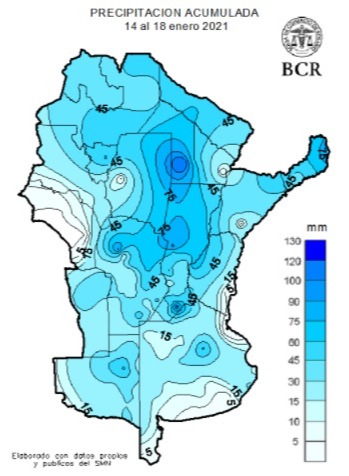 Chuvas acumuladas na Argentina entre 14 e 18 de janeiro 2021 - Fonte: Bolsa de Rosário