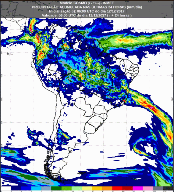 Mapa com a previsão de precipitação acumulada para até 72 horas (13/12 a 15/12) para todo o Brasil - Fonte: Inmet