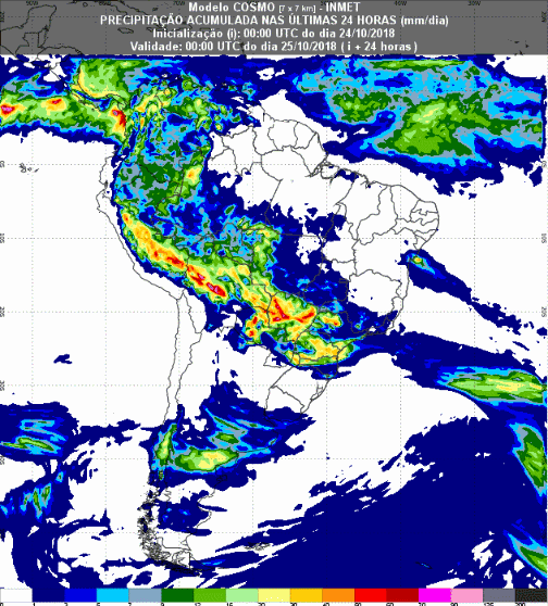Mapa com a previsão de precipitação acumulada para até 72 horas (25/10 a 27/10) em todo o Brasil - Fonte: Inmet