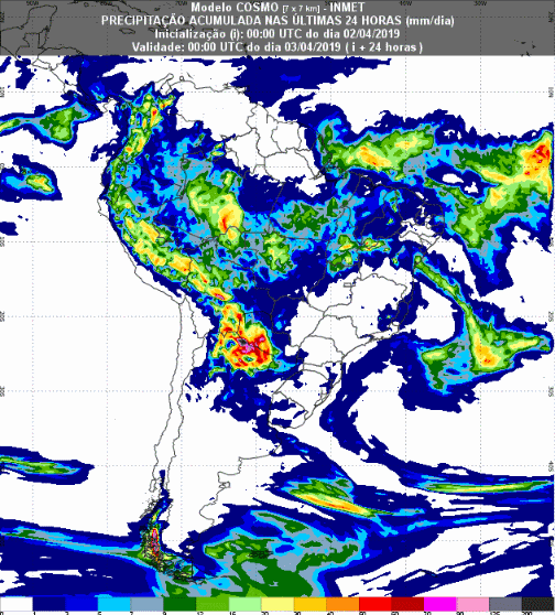 Mapa com a previsão de precipitação acumulada para até 72 horas (03/04 a 05/04) em todo o Brasil - Fonte: Inmet
