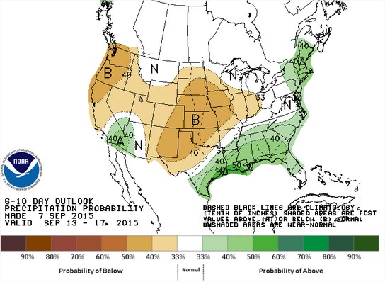 Previsão de chuvas nos EUA para 13 a 17 de setembro - Fonte: NOAA
