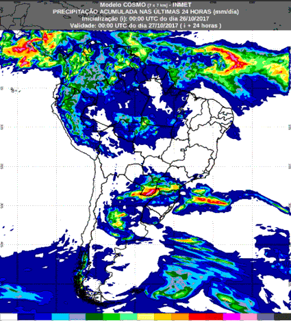 mapa com a previsão de precipitação acumulada para até 174 horas (27/10 a 02/11) para todo o Brasil - Fonte: Inmet