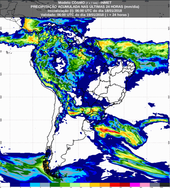Mapa com a previsão de precipitação acumulada para até 72 horas (19/01 a 21/01) para todo o Brasil - Fonte: Inmet