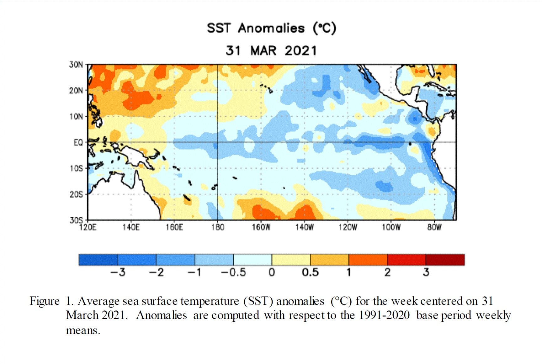 Anomalias da temperatura média da superfície do mar para a semana centrada em 31 de março de 2021. As anomalias são calculadas em relação às médias semanais do período base 1991-2020 - Fonte: CPC/NOAA