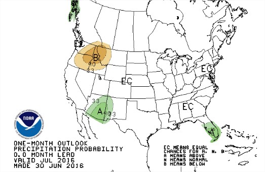 Pevisão de chuvas para julho nos EUA - Fonte: NOAA