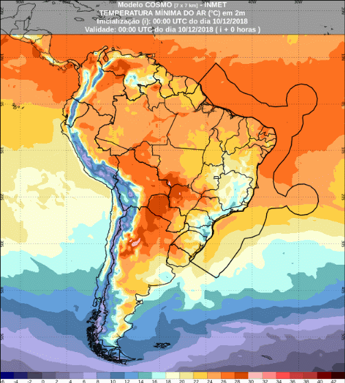 Mapa com a previsão de temperatura mínima para até 72 horas (10/12 a 13/12) em todo o Brasil - Fonte: Inmet