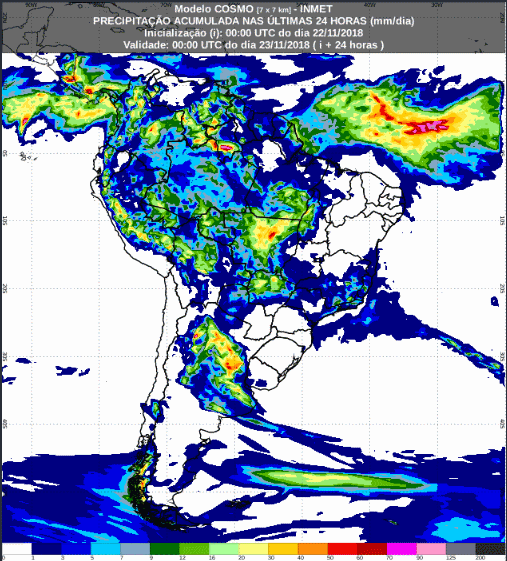 Mapa com a previsão de precipitação acumulada para até 72 horas (23/11 a 25/11) em todo o Brasil - ​Fonte: Inmet