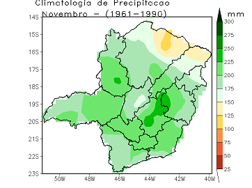 Figura 5 – Distribuição das chuvas em Minas Gerais, para os meses setembro, outubro e novembro, médias climatológicas 1961-1990