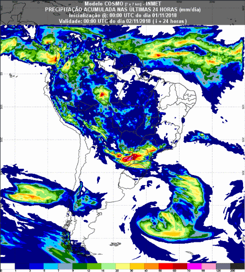 Mapa com a previsão de precipitação acumulada para até 72 horas (02/11 a 04/11) em todo o Brasil - Fonte: Inmet