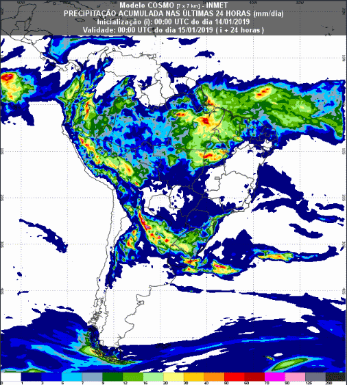 Mapa com a previsão de precipitação acumulada para até 174 horas (15/01 a 21/01) em todo o Brasil - Fonte: Inmet