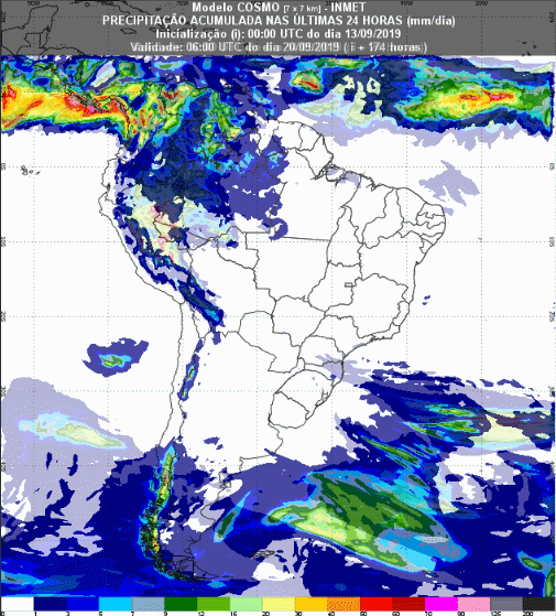 Mapa com a previsão de precipitação acumulada para até 93 horas (14/09 a 16/09) em todo o Brasil - Fonte: Inmet