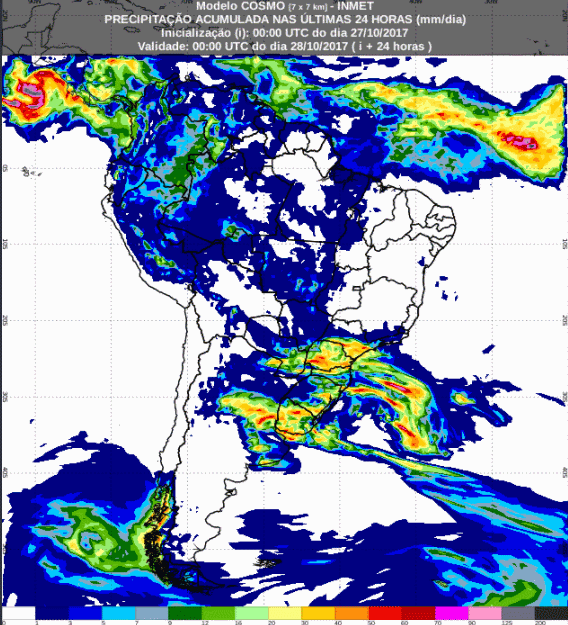 Mapa com a previsão de precipitação acumulada para até 174 horas (27/10 a 02/11) para todo o Brasil - Fonte: Inmet