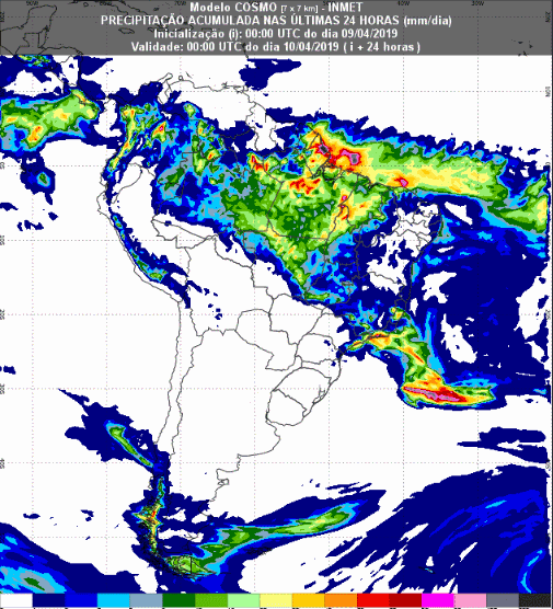 Mapa com a previsão de precipitação acumulada para até 72 horas (10/04 a 12/04) em todo o Brasil - Fonte: Inmet