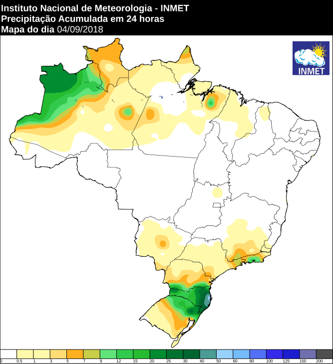 Mapa de precipitação acumulada nas últimas 24 horas em todo o Brasil - Fonte: Inmet