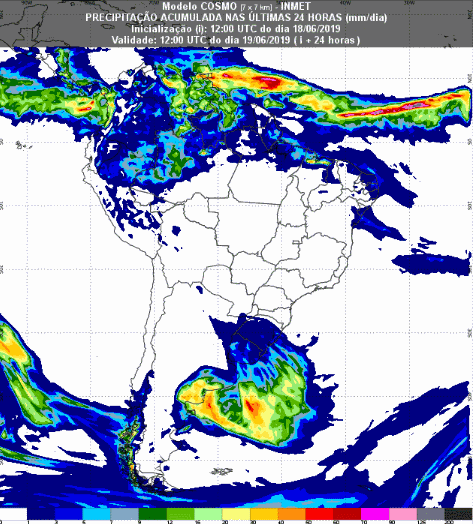 Mapa com a previsão de precipitação acumulada para até 93 horas (20/06 a 23/06) em todo o Brasil - Fonte: Inmet