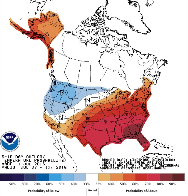 Temperaturas nos EUA entre os dias 7 a 11 de julho - Fonte: NOAA