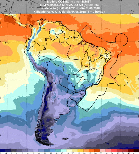 Mapa com a previsão de temperaturas mínimas para até 60 horas (04/06 a 06/06) em todo o Brasil - Fonte: Inmet