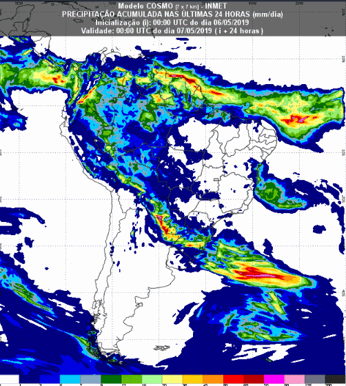 Mapa com a previsão de precipitação acumulada para até 93 horas (07/05 a 09/05) em todo o Brasil - Fonte: Inmet