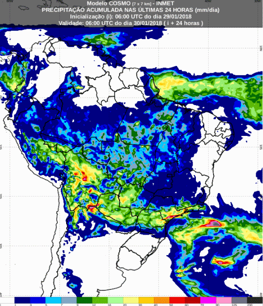 Mapa com a previsão de precipitação acumulada para até 72 horas (30/01 a 01/02) para todo o Brasil - Fonte: Inmet