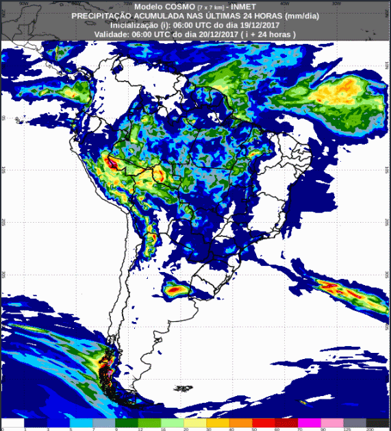 Mapa com a previsão de precipitação acumulada para até 72 horas (20/12 a 22/12) para todo o Brasil - Fonte: Inmet