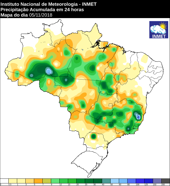 Mapa com precipitação acumulada nas últimas 24 horas em todo o Brasil - Fonte: Inmet