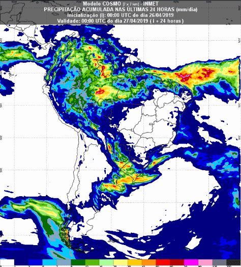 Mapa com a previsão de precipitação acumulada para até 93 horas (27/04 a 29/04) em todo o Brasil - Fonte: Inmet