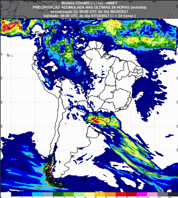 Previsão de precipitação acumulada para até 72 horas (07/10 a 09/10) para todo o Brasil - Inmet