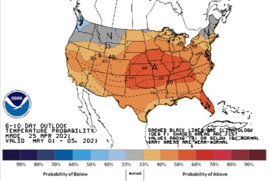 Temperaturas EUA 1 a 5 de maio de 2021 - Fonte: NOAA