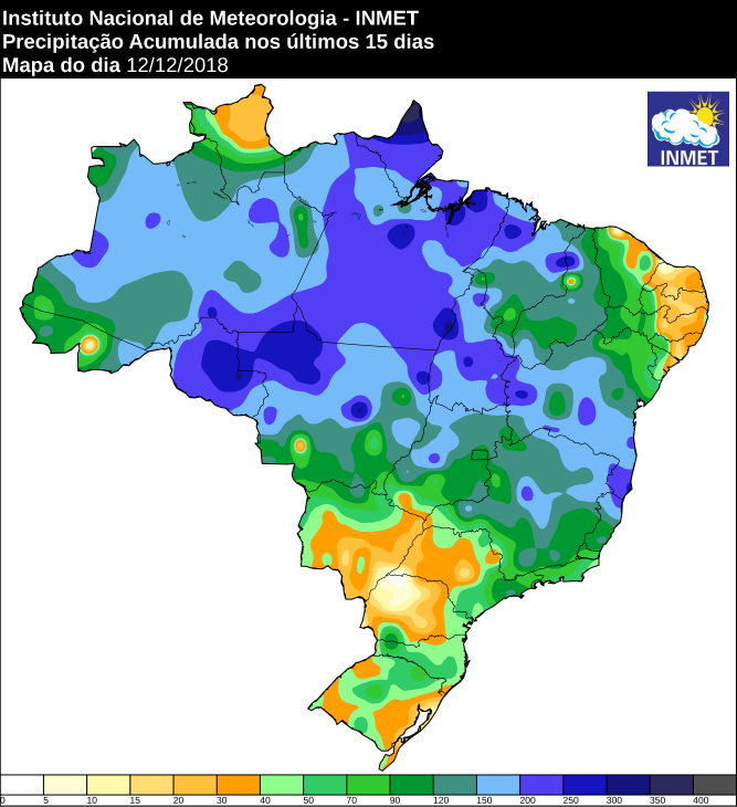 Mapa de precipitação acumulada nos últimos 15 dias em todo o Brasil - Fonte: Inmet
