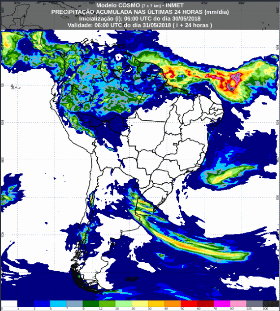 Mapa com a previsão de precipitação para até 72 horas (31/05 a 02/06) em todo o Brasil - Fonte: Inmet