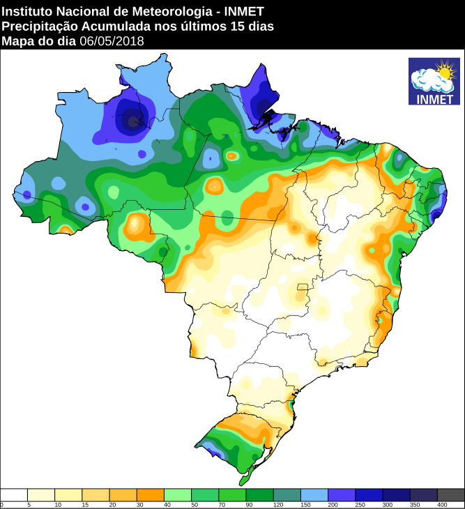 Mapa com precipitação acumulada nos últimos 15 dias em todo o Brasil - Fonte: Inmet