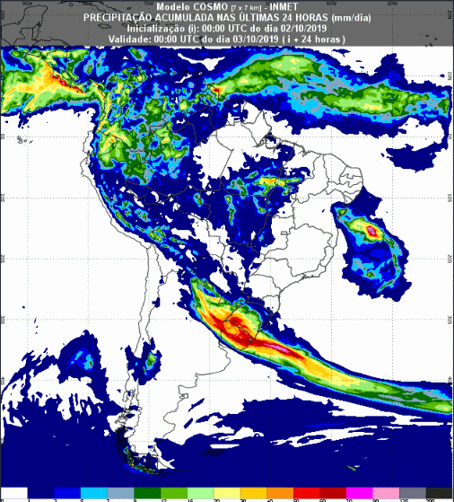 Mapa com a previsão de precipitação acumulada para até 93 horas (03/10 a 05/10) em todo o Brasil - Fonte: Inmet