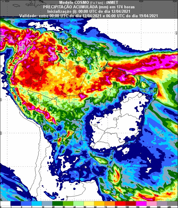Mapa com a previsão de chuva para os próximos 7 dias em todo o Brasil - Fonte: Inmet