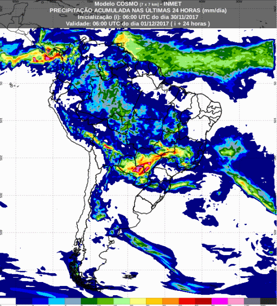 Mapa com a previsão de precipitação acumulada para até 72 horas (01/12 a 03/12) para todo o Brasil - Fonte: Inmet